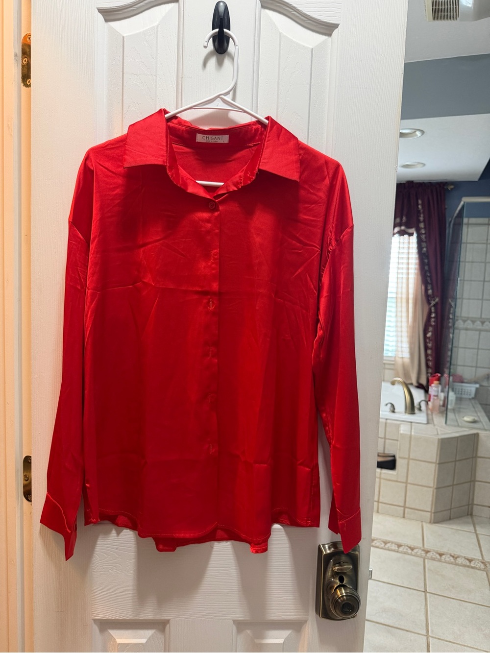 Classic Red Button-Down Satin Shirt